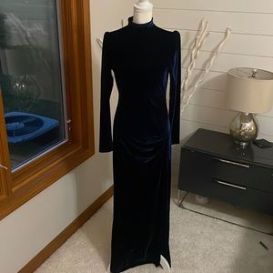 Deep Blue velvet long sleeve mock neck dress.